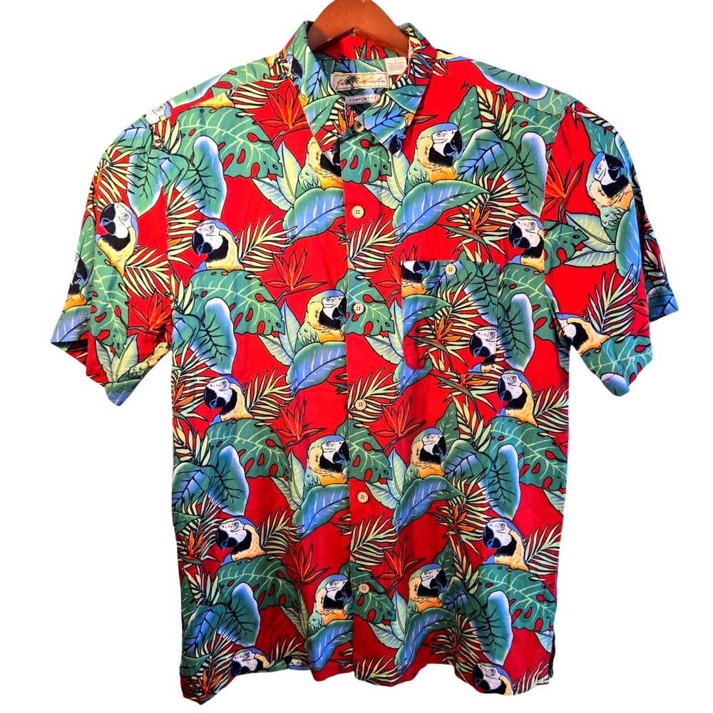 Joe Marlin Men Large Hawaiian Shirt Red Parrot Tropical Cotton Rayon Comfort Fit